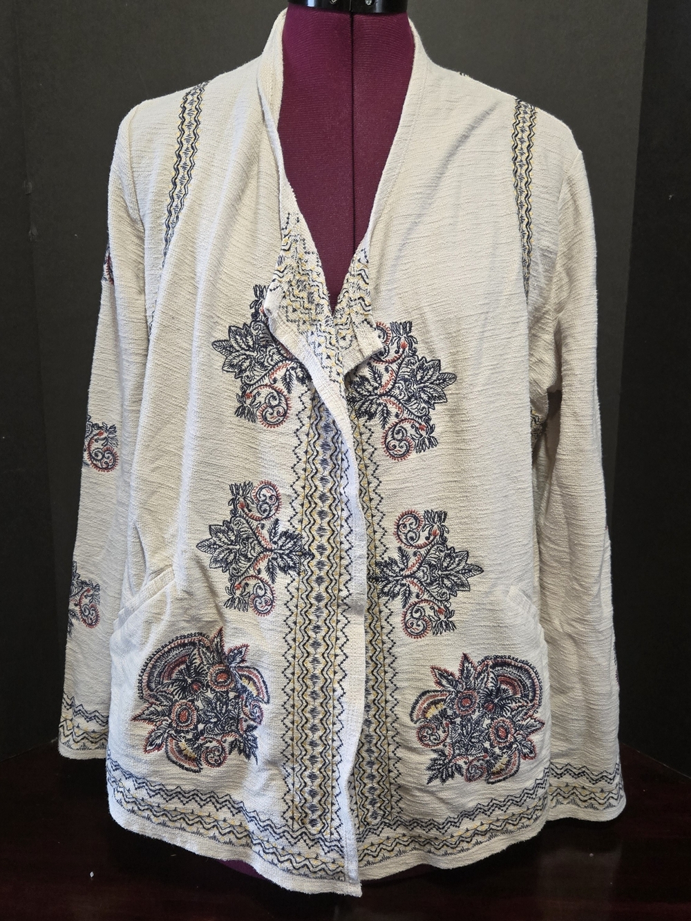 Christopher Banks Women's Petite Lg Open Front Cardigan Embroidered Boho Artsy